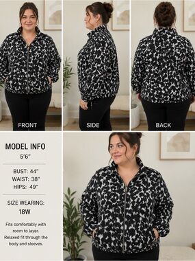 Ruby Rd. Black and White Patterned Zip Bomber Jacket
